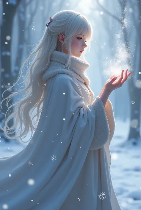 Being mythical feminine anime in cold tones , with winter dress, In winter surrounded by magic in her hands 