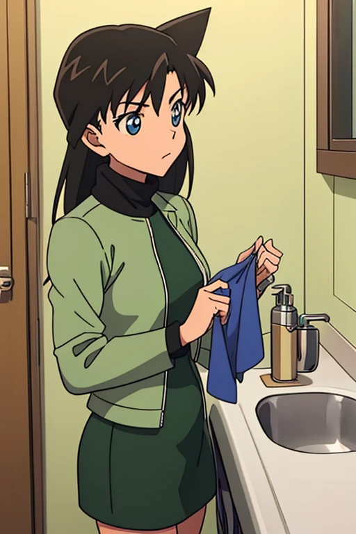 {{{mouri ran}}},{{{Detective Conan}}},{{{long hair}}},{{{official style}}},{{{adult}}},green dress,one-piece dress,turtleneck,green miniskirt, {light green cropped jacket},{light green cropped jacket},green socks,,sink,laundry,kitchen,bringing upper body t...