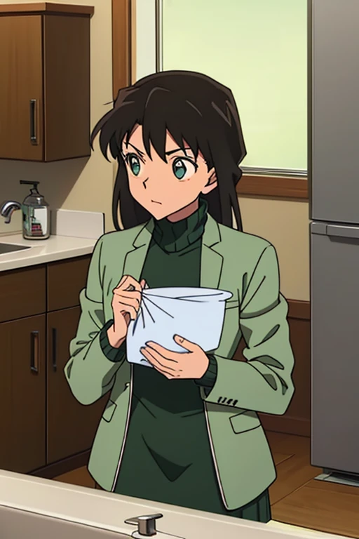 {{{mouri ran}}},{{{Detective Conan}}},{{{long hair}}},{{{official style}}},{{{adult}}},green dress,one-piece dress,turtleneck,green miniskirt, {light green cropped jacket},{light green cropped jacket},green socks,,sink,laundry,kitchen,bringing upper body t...