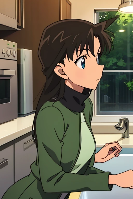 {{{mouri ran}}},{{{Detective Conan}}},{{{long hair}}},{{{official style}}},{{{adult}}},green dress,one-piece dress,turtleneck,green miniskirt, {light green cropped jacket},{light green cropped jacket},green socks,,sink,laundry,kitchen,bringing upper body t...