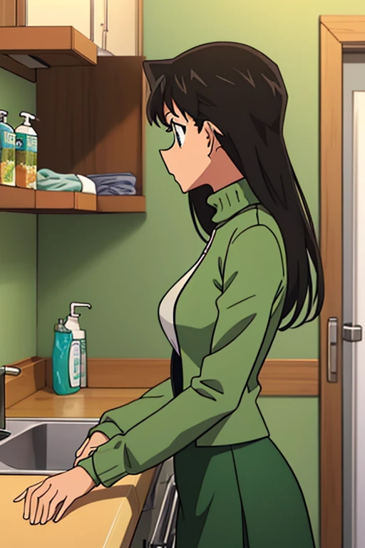 {{{mouri ran}}},{{{Detective Conan}}},{{{long hair}}},{{{official style}}},{{{adult}}},green dress,one-piece dress,turtleneck,green miniskirt, {light green cropped jacket},{light green cropped jacket},green socks,,sink,laundry,kitchen,bringing upper body t...