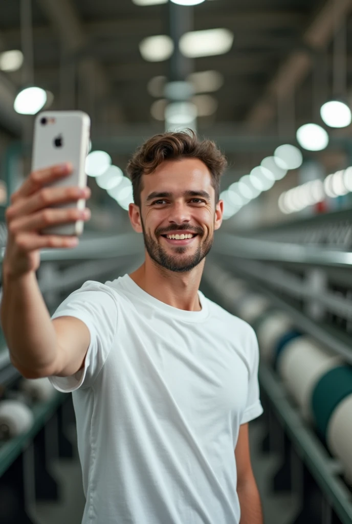 Handsome young man wearing a white tshirt is taking a selfie with the biground of a textile factory
