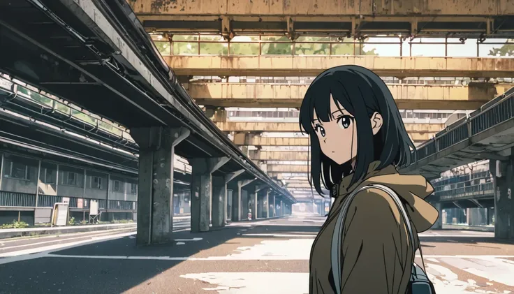 Under the elevated,null, girl,anime, real,Photo style, High Quality 