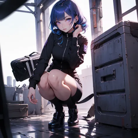 young girl, elegant,  Expression would be ,  secret agent clothes with blue details. Blue hair almost purple . violet eyes. (solo girl, 4K, Full body image ) 