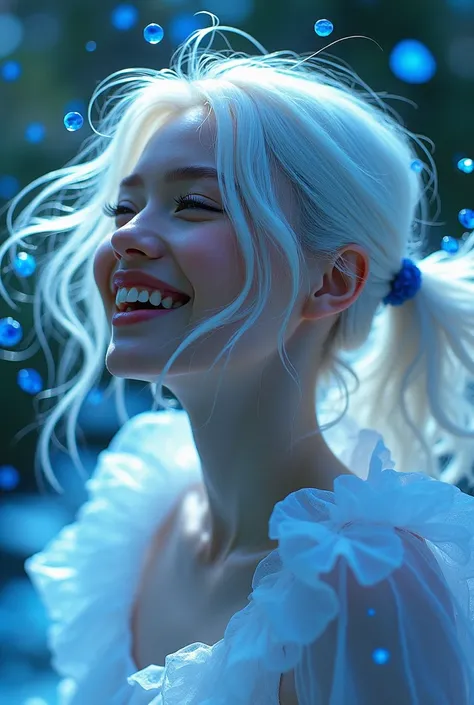 ( dynamic composition directly below: 1.3), white hair color, (( masterpiece, Better quality, Better quality de imagen,  high image quality )), Pretty girl, (( holographic blueberries embroidered )))  Your rear view , Spin and laugh , Very delicate hair, a...