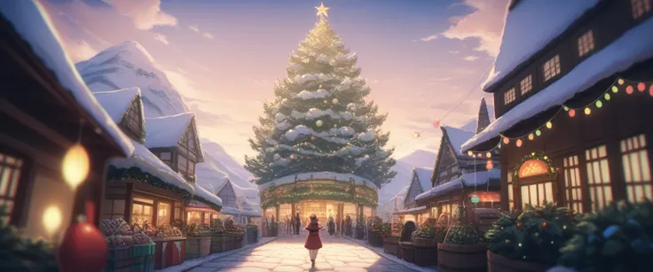 A large circular plaza surrounded by various shops during the Christmas festival, the atmosphere is festive,, landscape, party, anime style, perspective, Ghibli-like colours, anime style, chromatic aberration, depth of field, three sided view, from behind,...