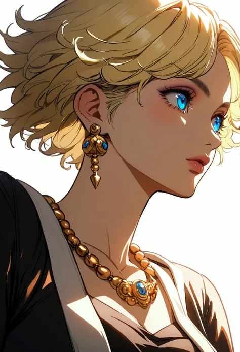 a short-haired blonde girl, blue eyes, wearing large earrings and a golden necklace, Tekken 8 style , white background, full body