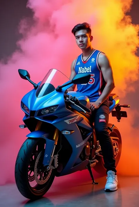 The photo shows a Philippine young man, possibly an athlete judging by his attire, sitting on a big bike motorcycle. Hes wearing a blue sleeveless basketball jersey with the name "nabel 25" on it, black pants with red accents, and white sneakers. The setti...