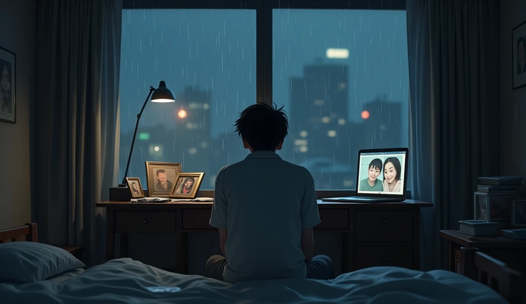  3D animation style Ah Xiang is sitting in a dark bedroom ， with broken photo frames and messy paper scattered around {x}。 The laptop on the desk is still on the screen ， showing old photos of him and Xiao Xuan 。It was drizzling outside the window，Dripping...