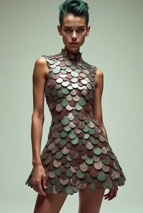 Masculine model wearing a Mary Quant A-line 60s mini shift dress made out of badges. The badges are layered like fish scales. The colour of the badges are silver, burgundy, dark sage green and flesh tone pink and the colours are even.
