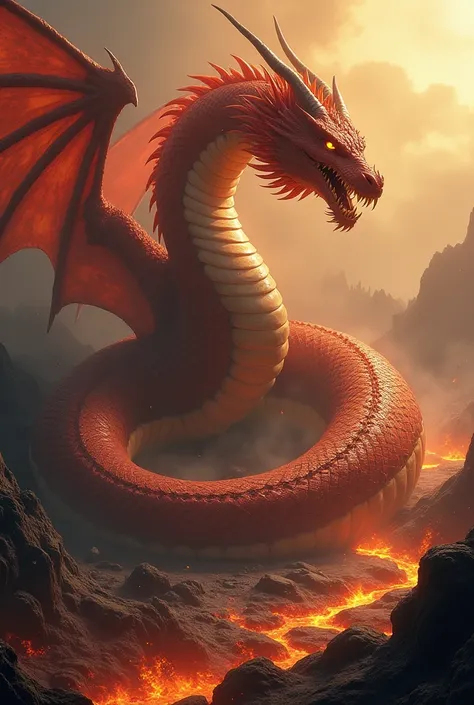 A serpentine dragon with cobra-like features slithers through a volcanic landscape, its fiery wings spread wide. Its glowing scales and venomous fangs create an aura of terror as smoke rises around it.