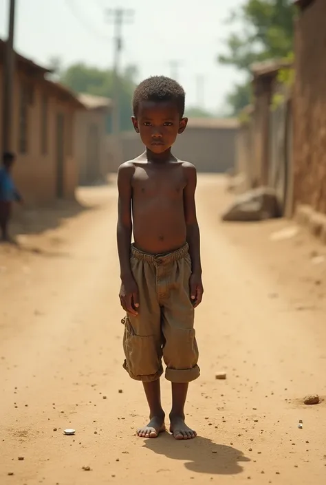  A young  standing barefoot on a dusty road