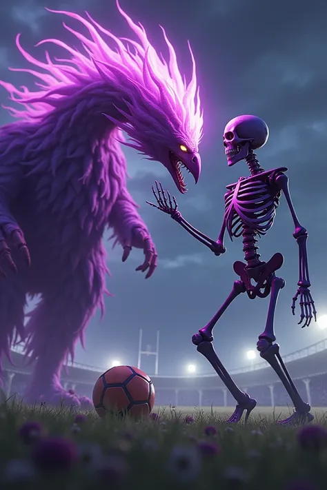 Purple Phoenix vs skeleton with soccer field background 