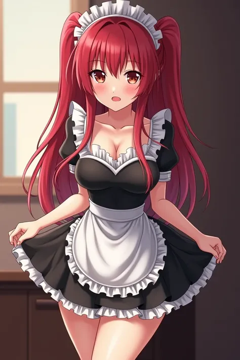 young girl, big thighs, busty, rape, maid costume, Red hair, pretty face, Anime version