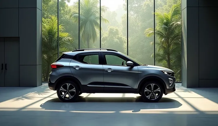 
A side view of a 2025 Tata nexon suv in gray colour in a showroom. The car is parked on a smooth floor. The background is a glass wall with plants. There is a spotlight illuminating the car