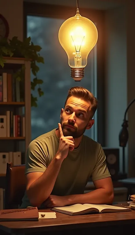 A thoughtful person sitting at a desk, talking to themselves with a lightbulb above their head, symbolizing genius ideas. The scene is cozy, with books and a notebook nearby, and a curious, intellectual vibe