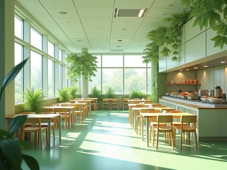 interior design of cafeteroa of a hospital showing many tables and seats and the food rentals on the background with light green mood design
