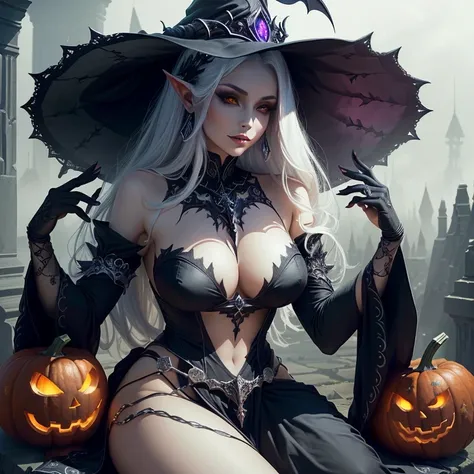 arafed woman in a witch costume sitting on a pumpkin, beautiful dark elf countess, beautiful succubus, dark fantasy mixed with realism, beautiful elegant demon queen, seductive cyberpunk dark fantasy, beautiful necromancer, beautiful necromancer girl, fant...