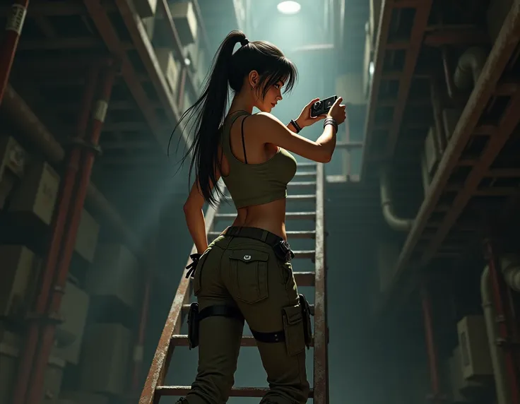  highest quality ,  masterpiece , 々 Back view of a girl climbing a LADDER ,  Taking a selfie with a small video camera, ((LARA CROFT COSPLAY style clothing)),