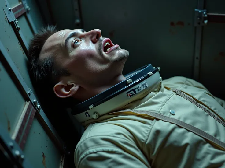 An astronaut inside the spacecraft, appears disoriented and weak due to extreme hunger. He was lying against the wall, his face pale, his eyes half-open