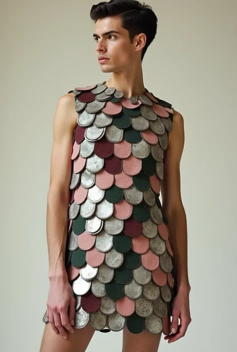 male model wearing a boxy fit 60s mini shift dress made out of circle badges. The badges are layered like fish scales. The colour of the badges are silver, burgundy, dark sage green and flesh tone pink and the colours are even. The dress has no sleeves