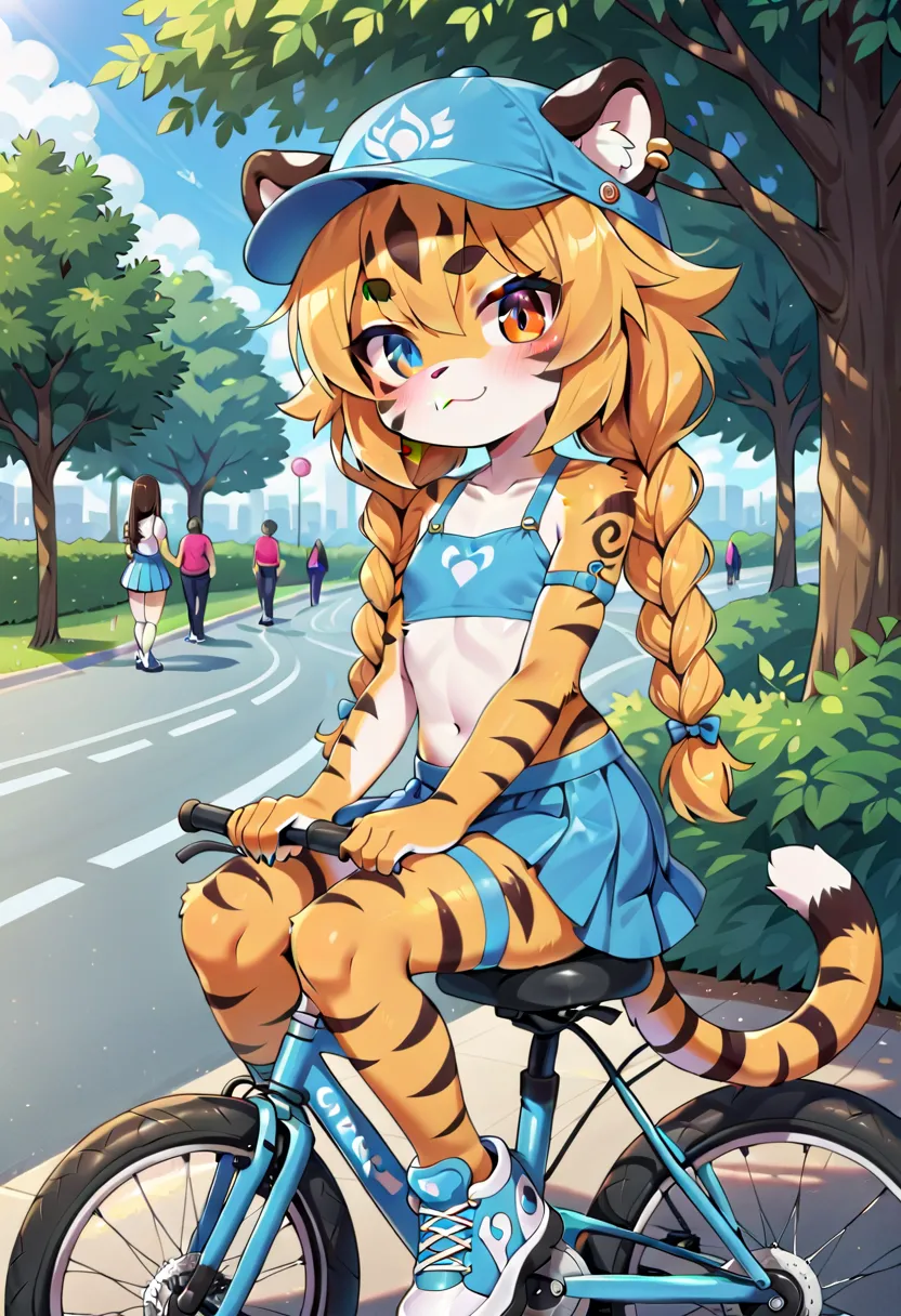 masterpiece, high resolution, best quality, (furry tiger girl, baby body, baby height, flat chest, animal face, animal skin, ani...