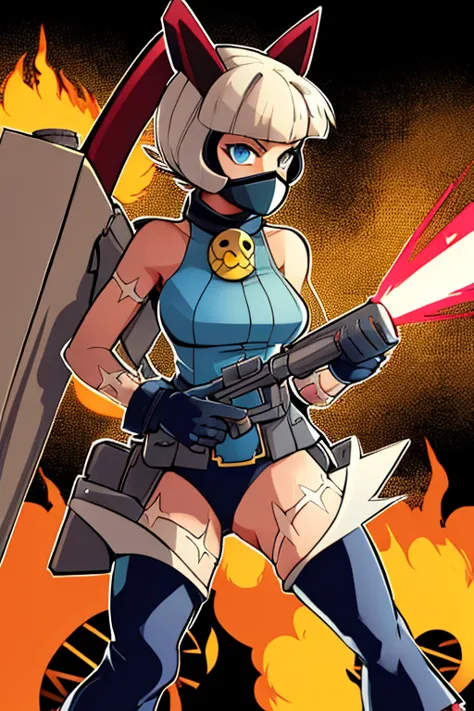 (flat color, retro, low contrast)ms fortune in ww1 pyromaniac uniform wearing a gas mask holding a flamethrower gun raiding the ...