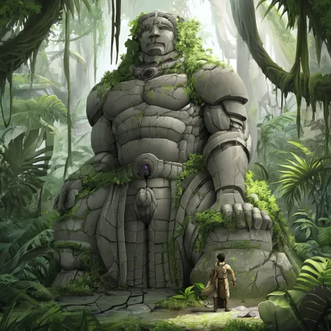 A colossal stone statue with cracks glowing from within, half-buried in a lush jungle, as explorers armed with futuristic equipment examine it.