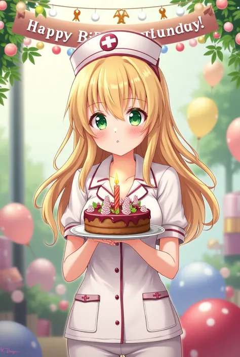  A fyer that says HAPPY BIRTHDAY GUADA! And there is a half-blonde nurse , green eye color,  with a cake in her hand blowing the candle . Image of Disney  