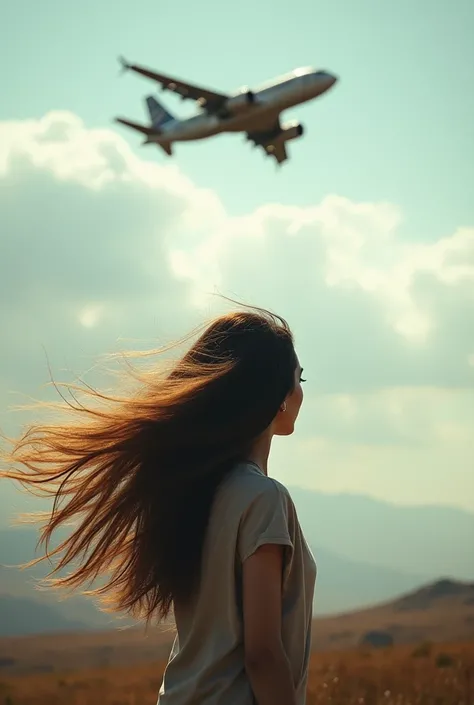 The womans hair moves against the wind, while the plane gains speed and rises, disappearing from the screen, simultaneously the camera rotates