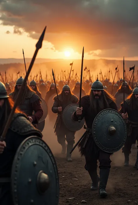 A cinematic scene of a Viking army engaged in battle on a rugged battlefield at twilight. The warriors, clad in detailed leather and chainmail armor, wield axes, swords, and shields adorned with Norse symbols. Smoke and dust swirl around them as the clash ...