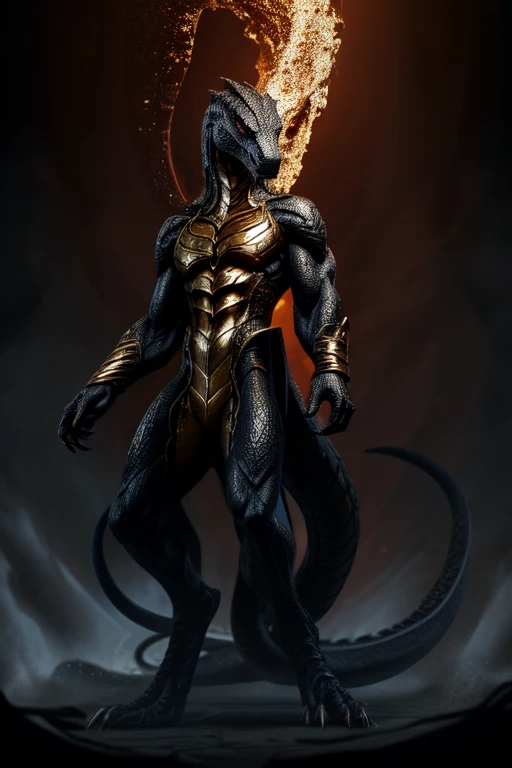 a snake Sentient Assassin lord, death of legends,Towering at an elegant 119", Nyssakren’s raptor-like jet-black scales faint, pulsing blue outlines, His four eyes, split evenly between red and molten gold, long, sinuous neck and a slender, coiled body,