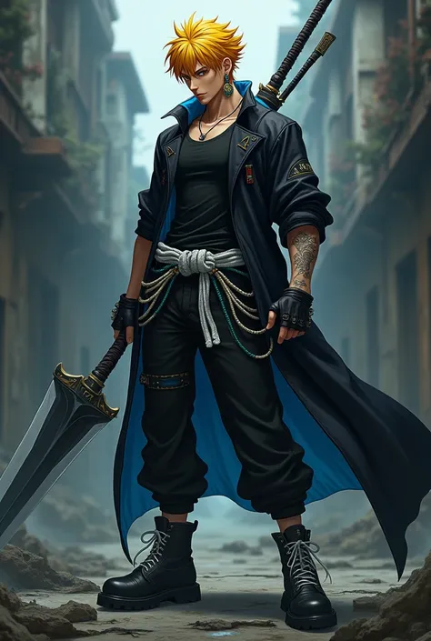 Create a handsome anime cinematic character with a strong body, tattoo on the left arm, short yellow emo hair, wearing long earrings, wearing A black roped demon hunter robe with blue accents with a black t-shirt, wearing white and black roped trousers, we...