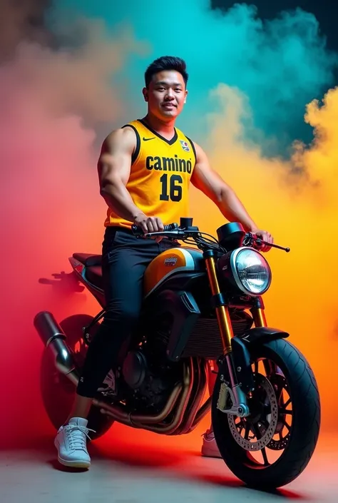 The photo shows a Philippine young man, possibly an athlete judging by his attire, sitting on a big bike motorcycle. Hes wearing a yellow sleeveless basketball jersey with the name "Camino 16" on it, black pants with red accents, and white sneakers. The se...