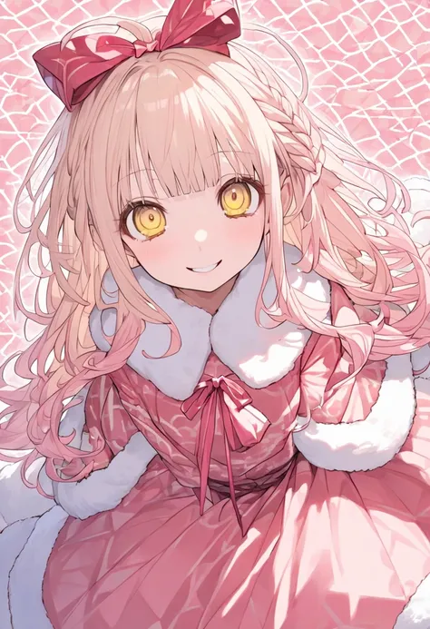  girl、((  pale blond hair ))、(((  light pink half twin connected by the temporal lobe :1.2)))、((The tip of the light pink half twin is a fluffy ))、((break))、((Yellow Eyes:1.2))、(  beautiful eyes )、((Large pink ribbon at the knot in the hair :1.35))、(volumi...