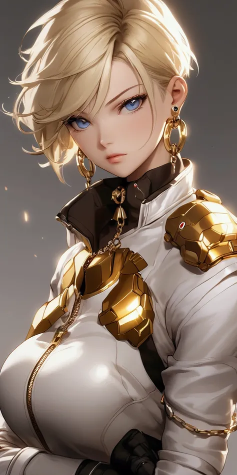 a short-haired blonde girl, blue eyes, wearing large earrings and a golden necklace, suit military, boot,Tekken 8 style , white background, full body