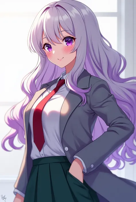  Screenshot of a woman oc ,  in the style of My Hero Academia,  with Nana Shimuras face ,  with long white hair with purple tips ,  wavy and voluminous torn and very bright purple eyes, slim and well-groomed ,  with a small waist ,  uniform with a green sk...