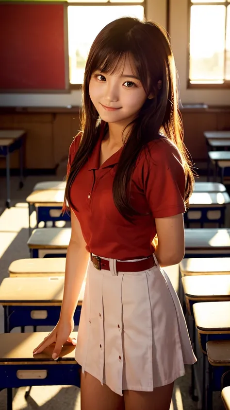 masterpiece, best quality,1 person, COWBOY SHOOTING ,Front View,Young and cute Japanese woman,20 years old,(6.5 heads), Little Smiles ,sunset,((Red intense sunlight:1.5)),((High school classroom:1.5)),Women&#39;s Uniform, Summer clothes,(( Ultra Short Blue...