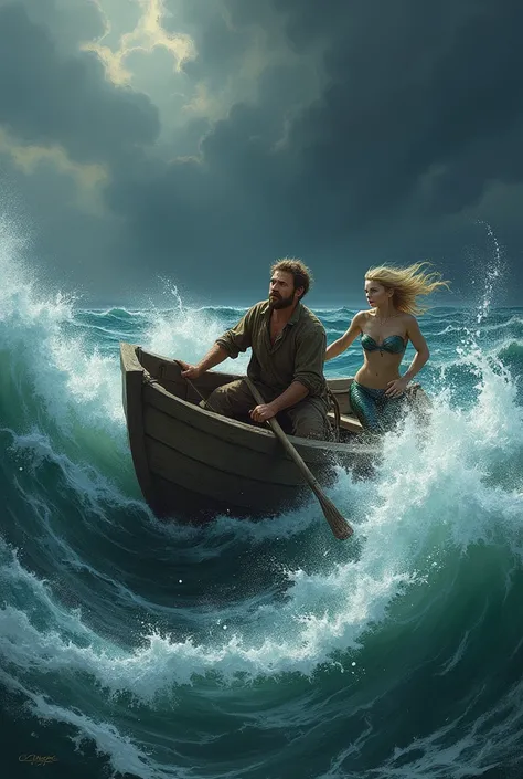 storm.  A man in a wooden boat is sailing on the sea, and a mermaid tries to get into his boat  