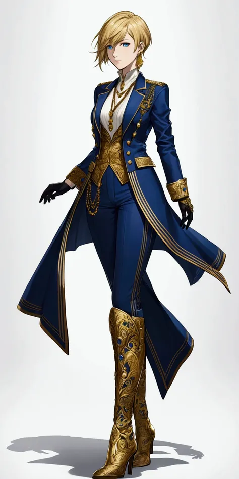 a short-haired blonde girl, blue eyes, wearing large earrings and a golden necklace, suit military, boots, final fantasy xvi tyle , white background, full body