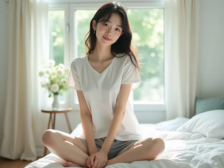 Realistic photograph of a full body of beautiful slender Teen japanese woman, soft smile, wearing white t-shirt and grey shorts, she standing in the  bedroom, natural soft light of the morning day.