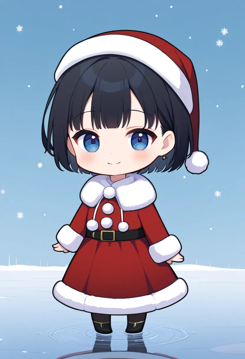 1girl, solo, chibi head, black hair, christmas outfit, winter, frozen lake, smile