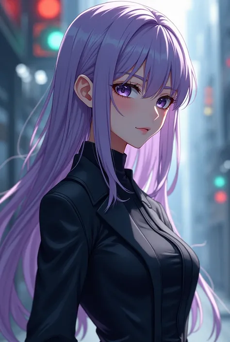  A teenage girl with long, almost light purple blue hair, wearing elegant secret agent outfits . (maximum quality, 4K,  Full body image ,  anime style )