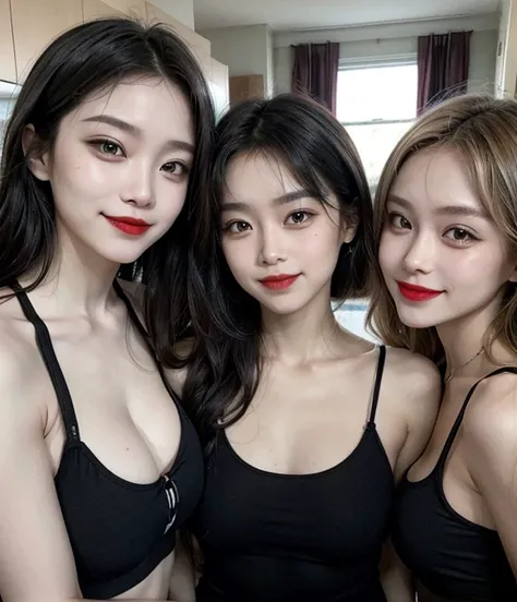 Family male and female smiles, 5 selfish people, make up beautifully, red lipsticks, black singlets,