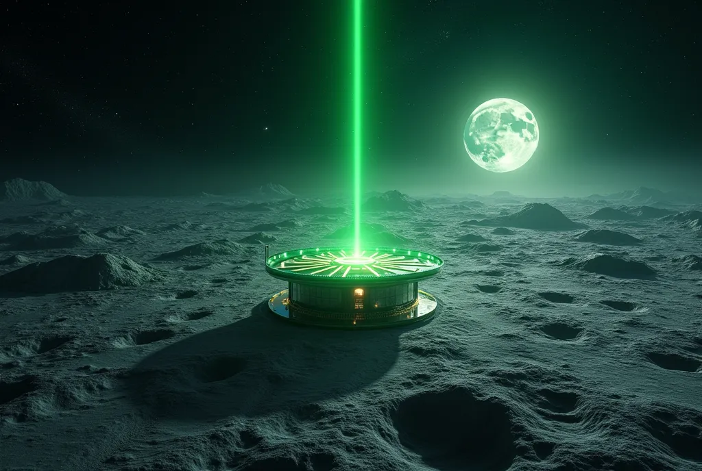 ((masterpiece, highest quality, Highest image quality, High resolution, photorealistic, Raw photo, Extremely detailed CG unified 8k wallpaper)), Looking at a solar power facility on the moon from above, with the green light of the laser extending toward the earth,
