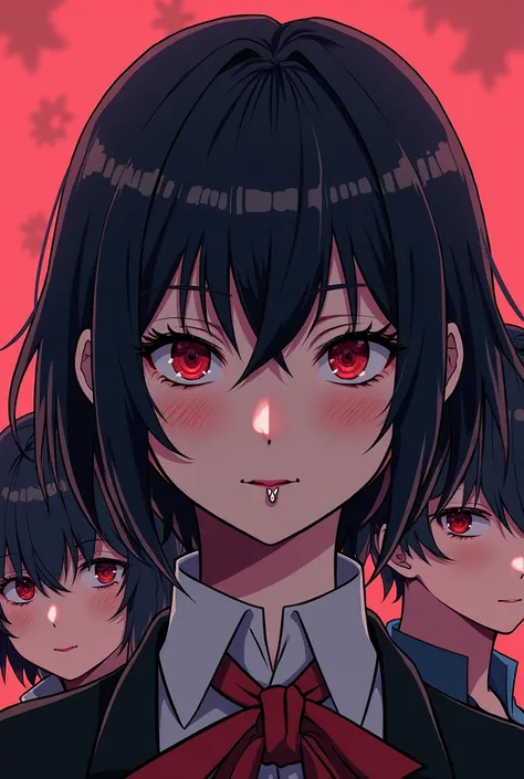  Girl with shoulder-length black hair , red eyes boys with light dark circles ,  with a piercing on her left lip and another on the lip on her right side. boku no hero academia style