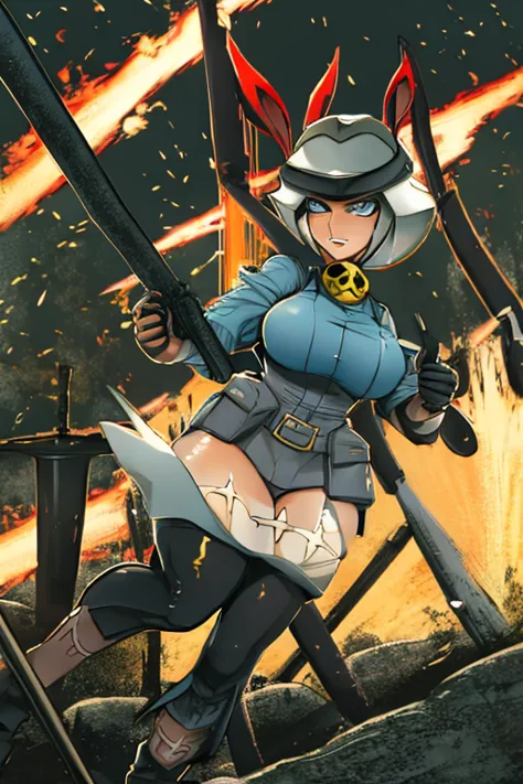 ms fortune in ww1 pyromaniac uniform holding a flamethrower gun raiding the trenches