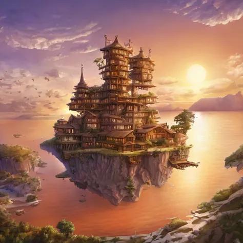 A rustic inn at the edge of a cliff overlooking a surreal purple ocean, where two suns set in a brilliant orange sky filled with floating islands.