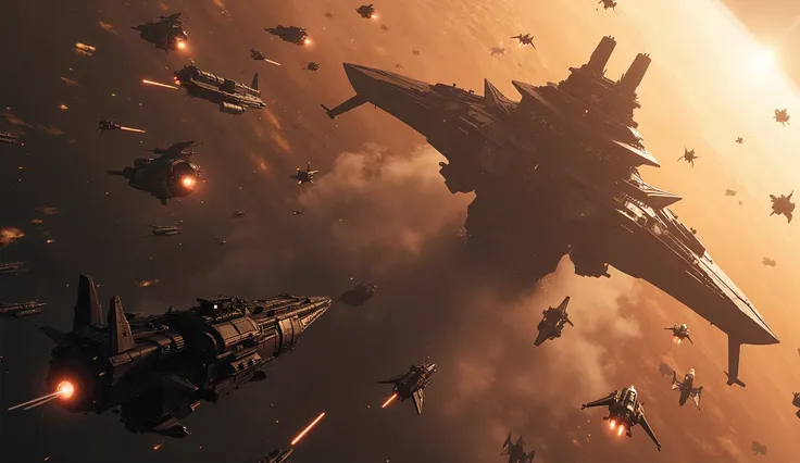 A dramatic scene in deep space, where a fleet of massive, imposing alien warships (Zorvax) are being overwhelmed by a swarm of smaller, agile human ships. The human ships are sleek, fast, and unpredictable, darting around the alien fleet with incredible pr...