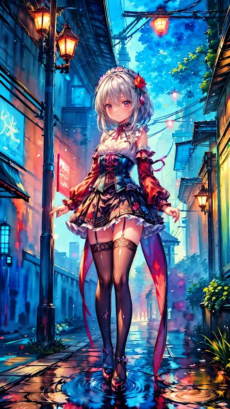 (((nsfw)))、 (((watercolor))), (((gothic))),      tree々Woman standing on a street surrounded by   、 A fascinating scene  ,    Decorate with a hair ornament   、     The pose is medium length    ,       Straight silver hair ..。.。Super mini skirt with frills, ...